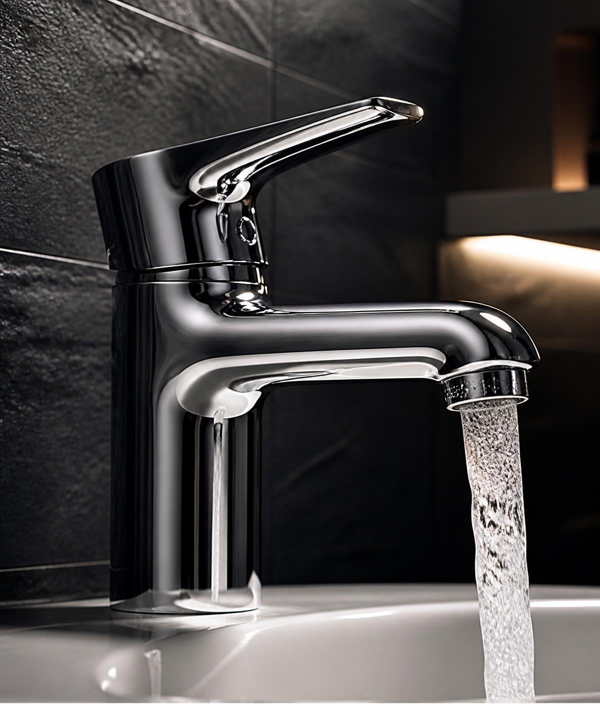 Close-up of a polished chrome bathroom faucet with flowing water