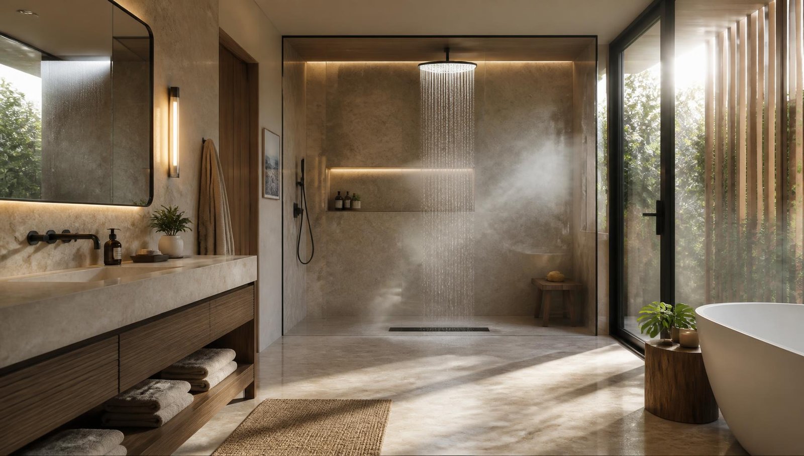 Contemporary bathroom with a rain shower running in soft morning light